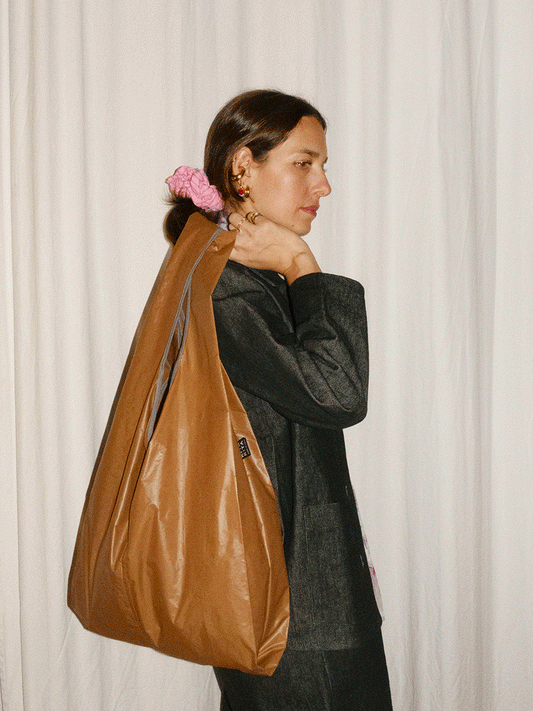 Shopping bag tan, bordatura grigia